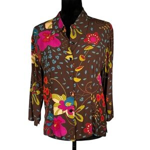Loco Lindo Brown Floral Blouse Vintage Y2K Novelty Print Shirt Rayon Crepe Top